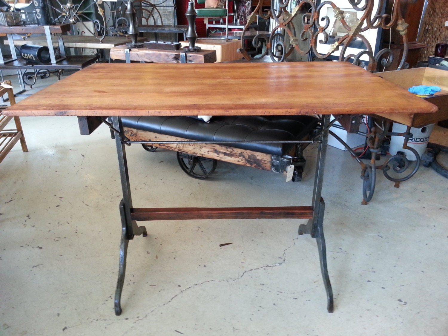 Vintage Drafting Table With Cast Iron Legs