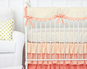 Coral and Gold Dot Ruffle Designer Baby Bedding | Crib Set in Peach, Coral, and Gold | Scalloped Teething Guard | Ruffle Crib Skirt
