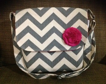 Messenger Crossbody or shoulder- Gray chevron purse- adjustable strap- with pink dot