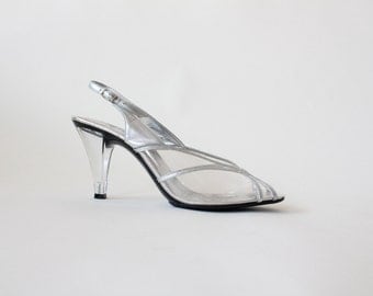 1980s Dezario Clear High Heels, Slingback Sandals, Open Toed, Glass ...