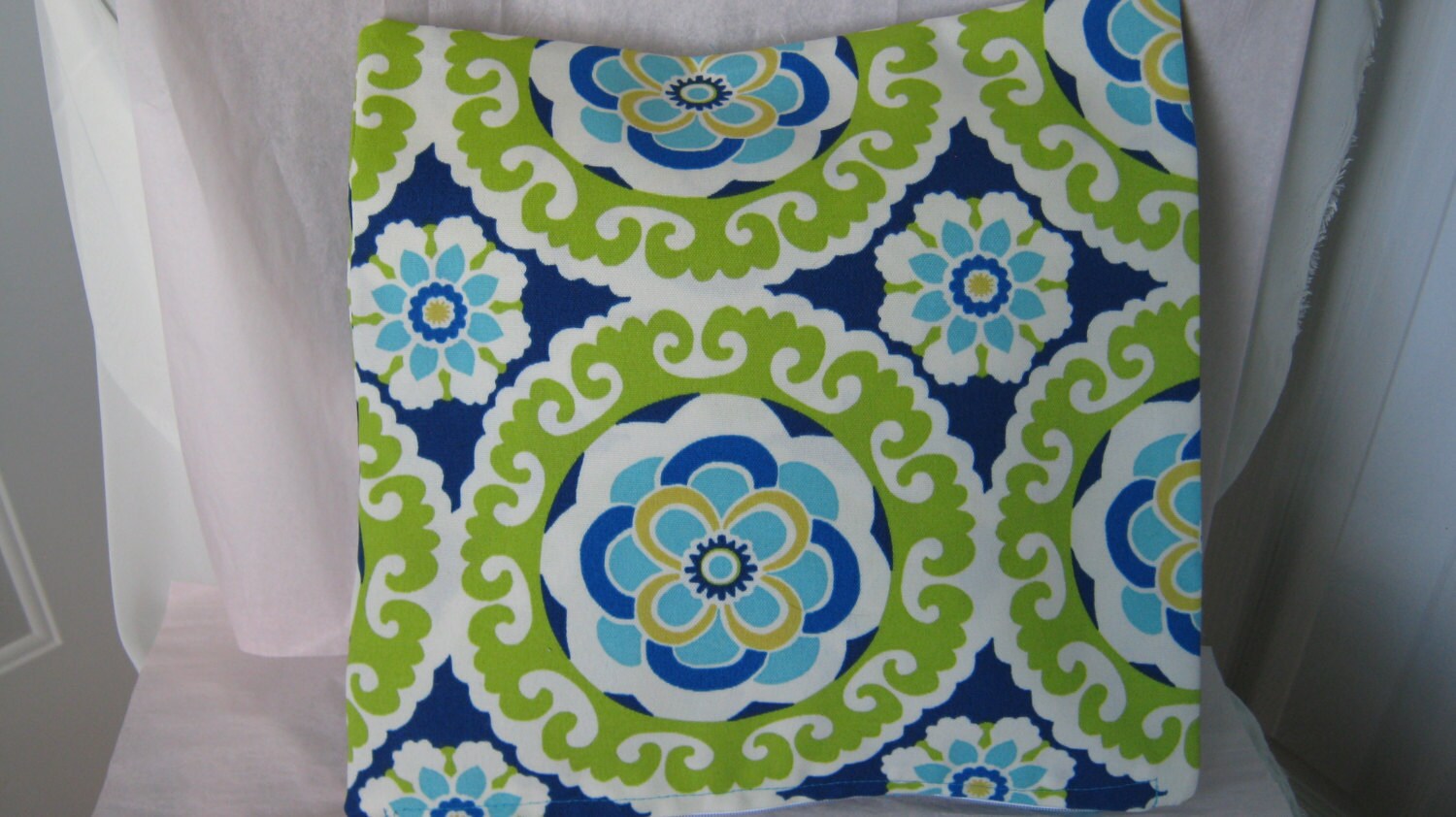 Blue Lime Green Pillow Cover Outdoor Ikat by wreathsplusbylyn