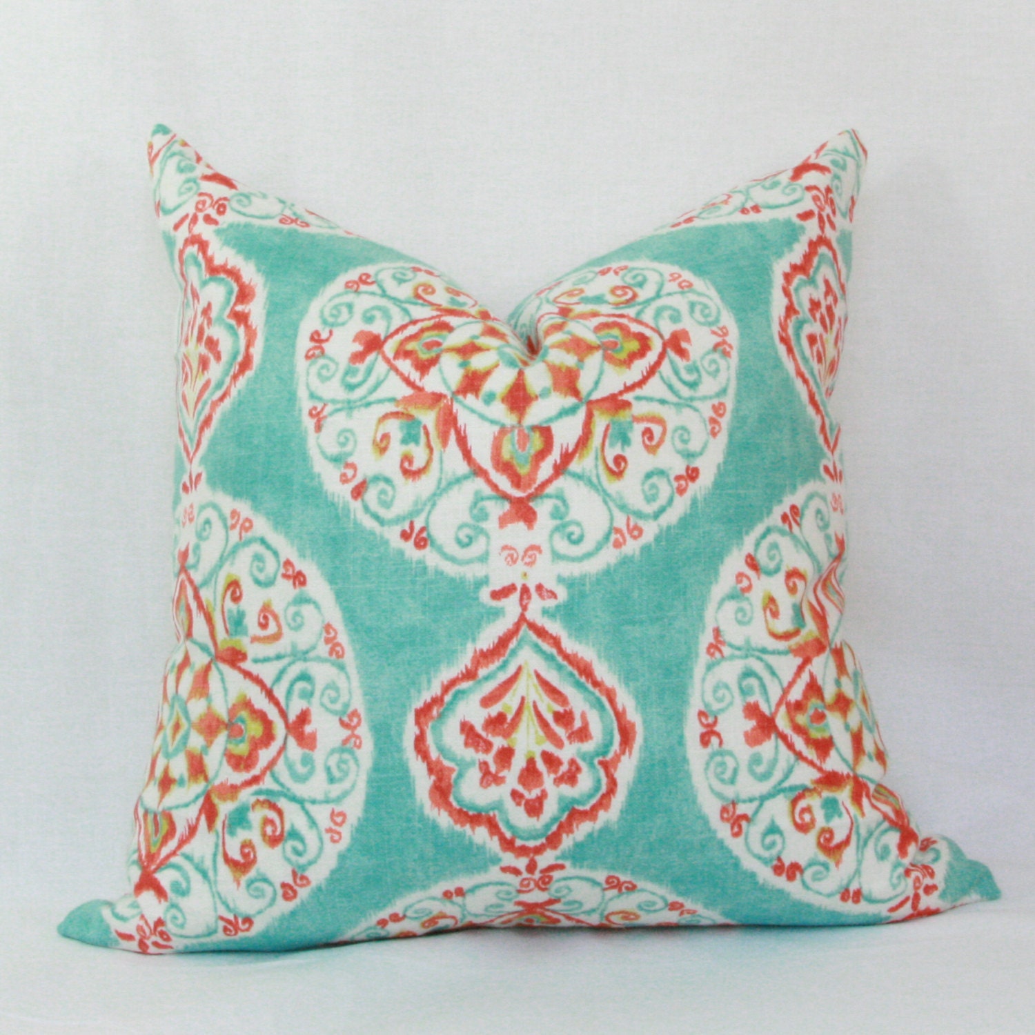 Aqua red orange decorative throw pillow cover. 18 x