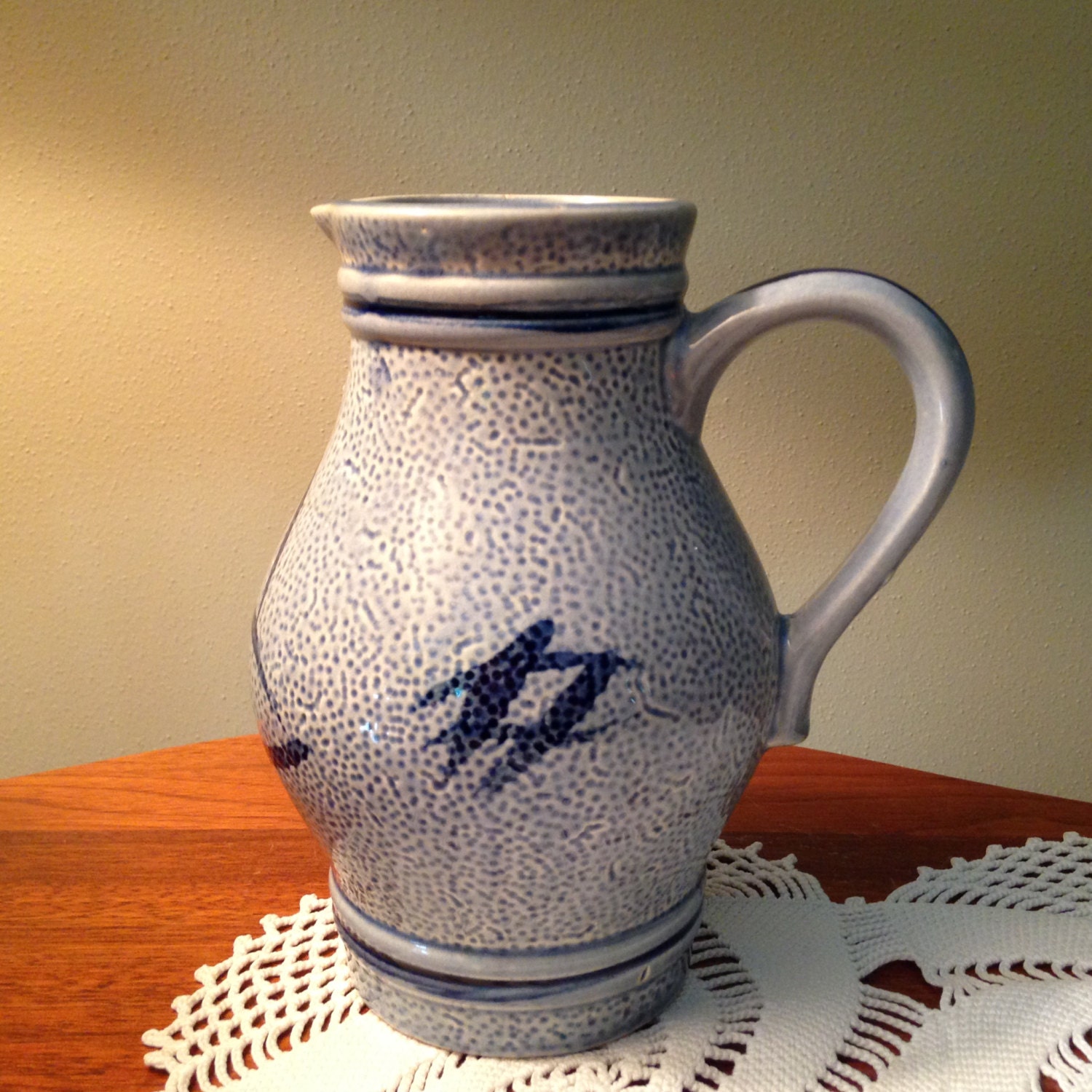 Vintage grey blue stoneware glazed pottery pitcher or jug