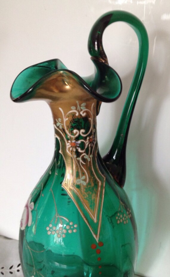 Victorian Hand Blown Glass jug/ Emerald Green jug Hand