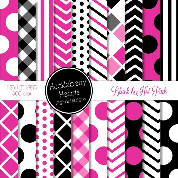 Black and Hot Pink Patterns Digital Scrapbook Paper Digital