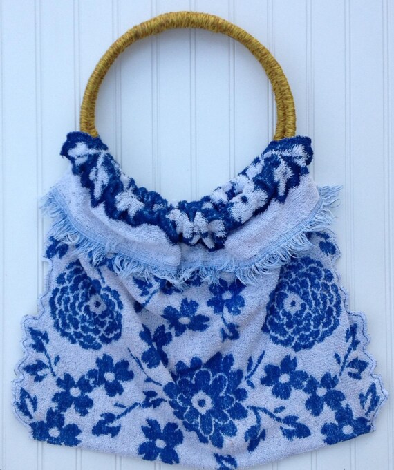 Items similar to INDIGO Blue Vintage Towel Bag With Unique locking Hoop