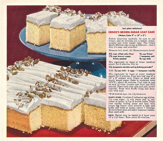 Items similar to Vintage Baking Ad 1950s CRISCO Print Sponge Cake ...