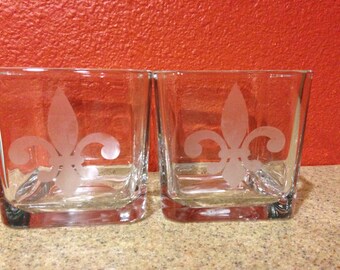 Glass etched fleur de lis votive set