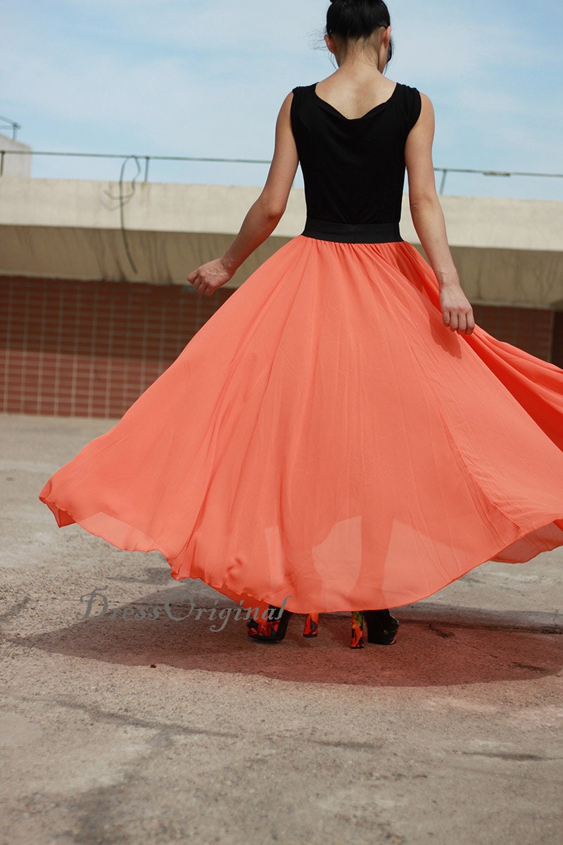 orange Maxi skirt orange floorlength skirt Double layered