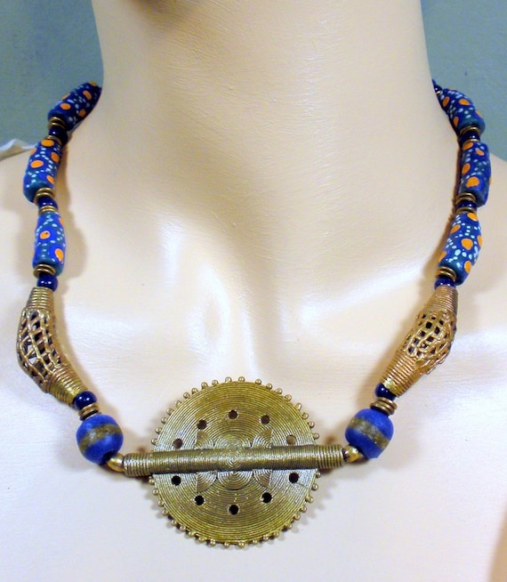 Lux Afrocentric trade bead necklace Ashanti Baule brass
