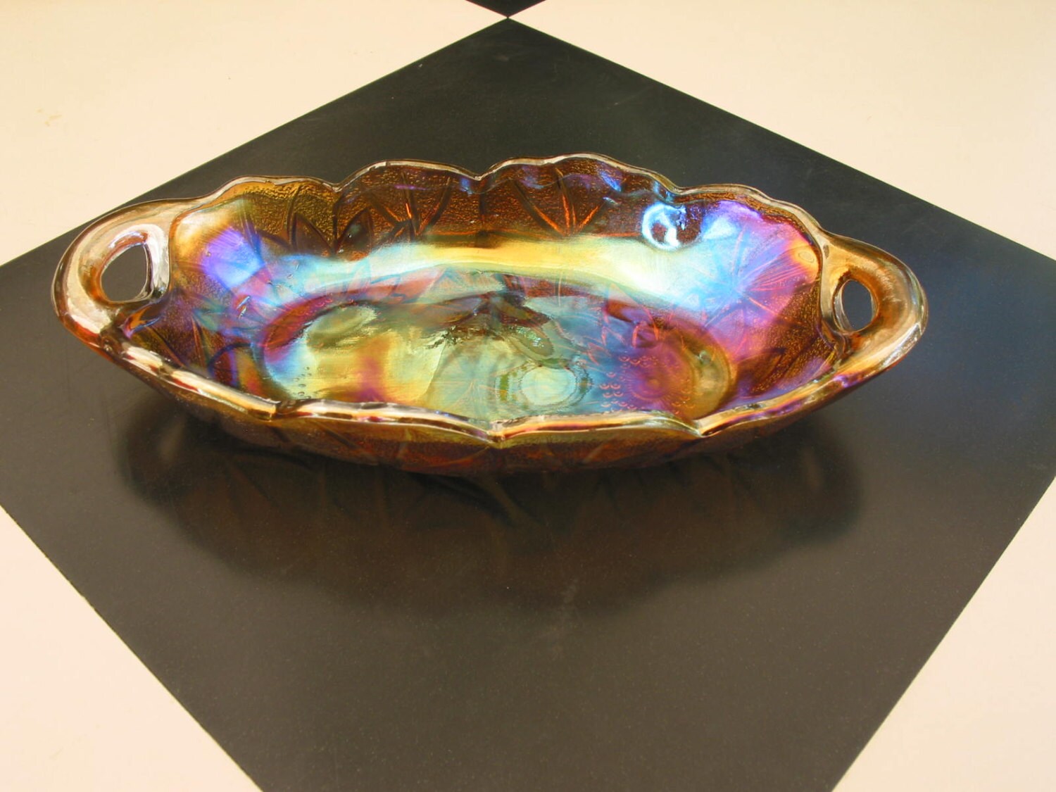 Beautiful Amber Iridescent Carnival Glass Candy Dish