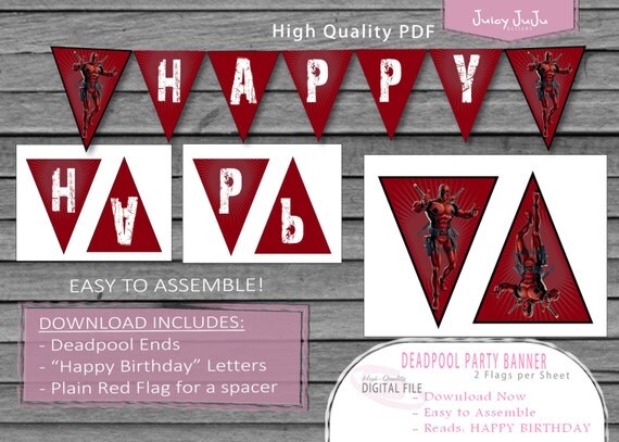 free printable card details Banner Deadpool Flag Birthday Happy Party Marvel