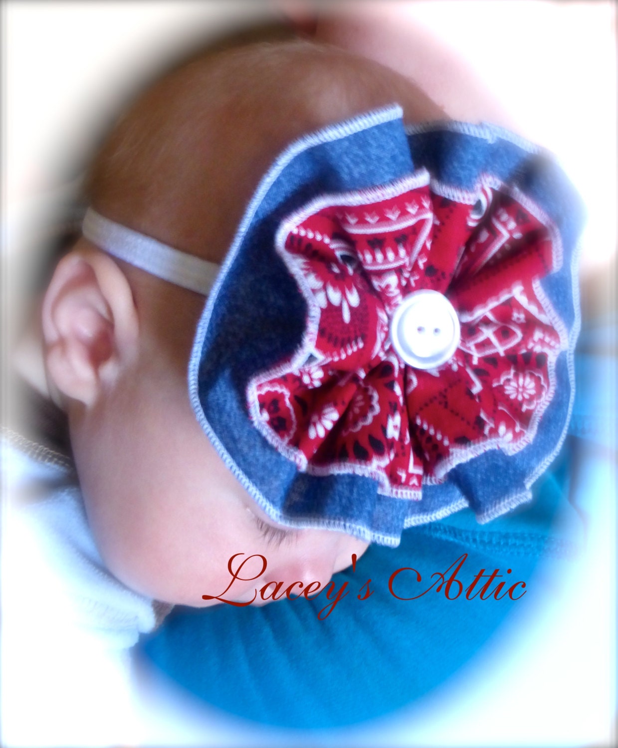 Handmade Baby Girls Red Bandana And Denim Flower Headband