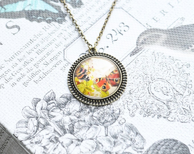 NATURE Pendant with chain of metal brass with the image of a butterfly under glass