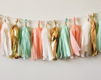 Peach Mint Ivory Gold Tassel Garland, Peach Mint Baby Shower Decoration, Nursery Garland, Peach Mint Gold Bridal Shower, Peach Mint Wedding