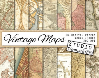Vintage Maps Digital Paper - 14 Antique Sepia Maps - Aged and Distressed Atlas Pages - Commercial Use - Instant Download