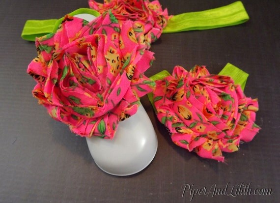 Headband and Barefoot Sandals Set Neon Pink and Neon Green Floral ...