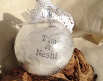 Wedding gift, favour, bauble personalised with feathers