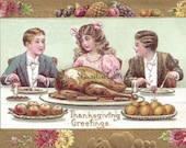 Antique Thanksgiving Postcard of a family Thanksgiving dinner INSTANT Download
