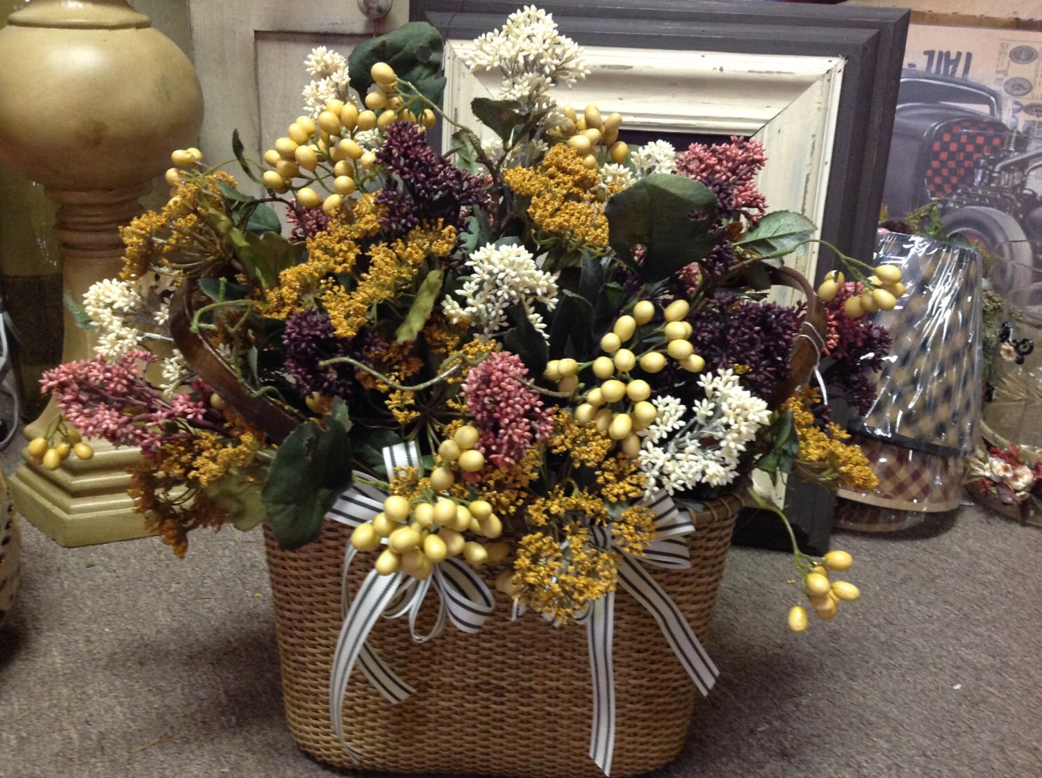 Beautiful floral arrangement in a wicker market basket