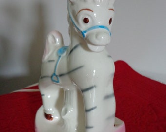 ZEBRA Ceramic Lamp, Infant, Child Light, 1950s, Hand Painted, Pink Blue