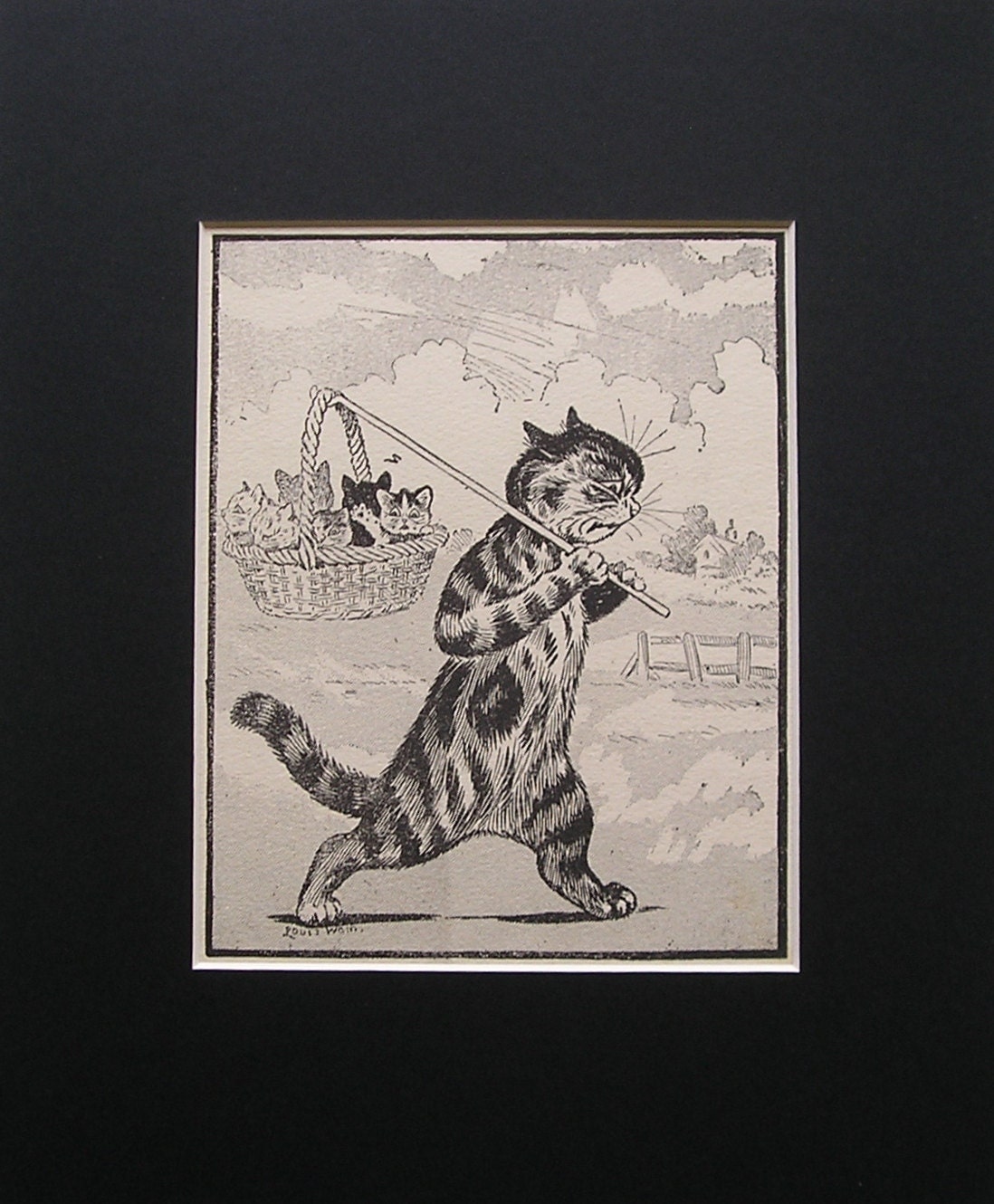 Original Antique LOUIS WAIN CAT Print Nell and her Kittens