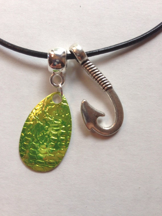 Fishing lure spinner necklace with fish hook charm black