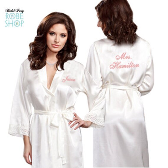 Personalized Full Length Satin Bridal Robe with Name on Front and Back