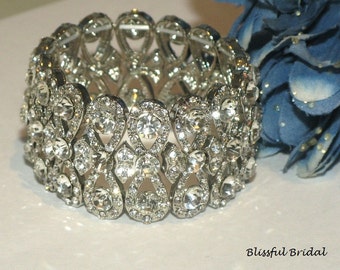 Stretch Crystal Bracelet, Cuff Wedding Bracelet, Bridal Bracelet, Bridal Jewelry, Bracelet For Bride, Wide Rhinestone Bracelet