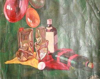 Vintage Still Life Bottles Canister Oil Painting