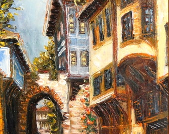 Vintage Impressonist oil painting cityscape
