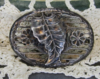 Vintage Jewelry 1920 Sterling Silver Brooch Art Deco Open Work Leaf and Flower Motif