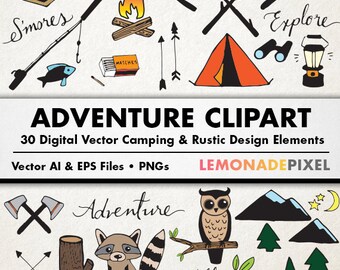 Adventure & Camping Clipart - Rustic Drawings, Hand Drawn Clipart, Woodland clipart, tent mountain owl, wilderness clipart, digital collage