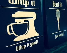 Set of 2 painted wood "whip it" &amp; "beat it" kitchen signs