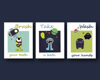 Digital print Take a bath Brush your teeth Wash your hands Nursery art Aliens monster blue navy green bathroom INSTANT DOWNLOAD