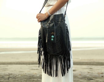 Black leather bag, leather fringe bag, boho bag, bohemian bag, gypsy bag