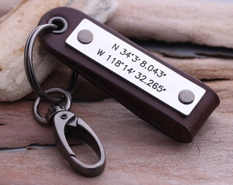 Personalized Coordinate keychain - Latitude Longitude keychain - leather key chain - Gift for Him