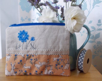Handmade cosmetic makeup bag / purse hare blues linen gift