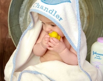 Hooded Towel Personalized with Blue Gingham Whale for Baby Boys and Toddler Boys