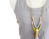 Tassel Necklace, Long Leather Tassel Necklace, Color block Bead Necklace