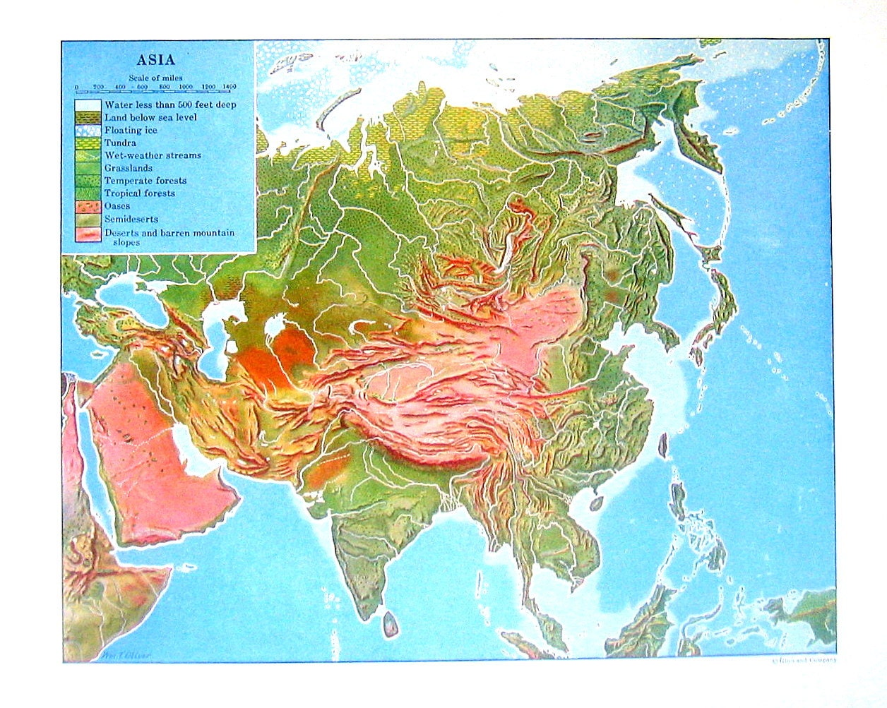 Asia Map Relief Map 1920 Vintage World Geography Book