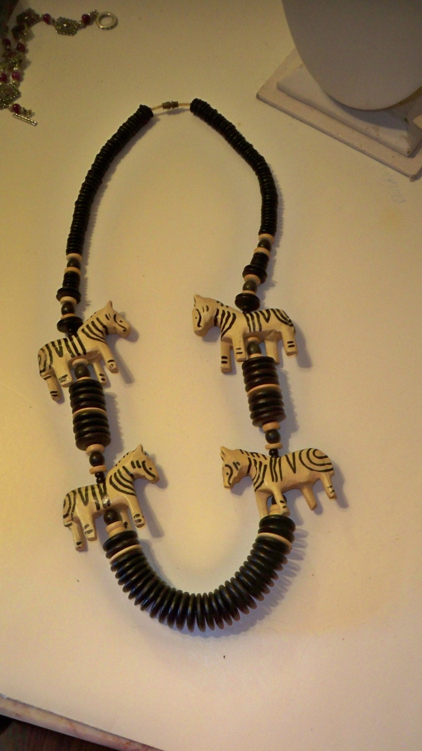 Zebra Necklace Vintage Black and White Wood Beads with Carved Wood