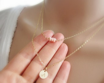 Layered initial necklace Birthstone necklace gold initial Rose Gold, Gold or Silver letter necklace Personalized gemstone Layering necklace
