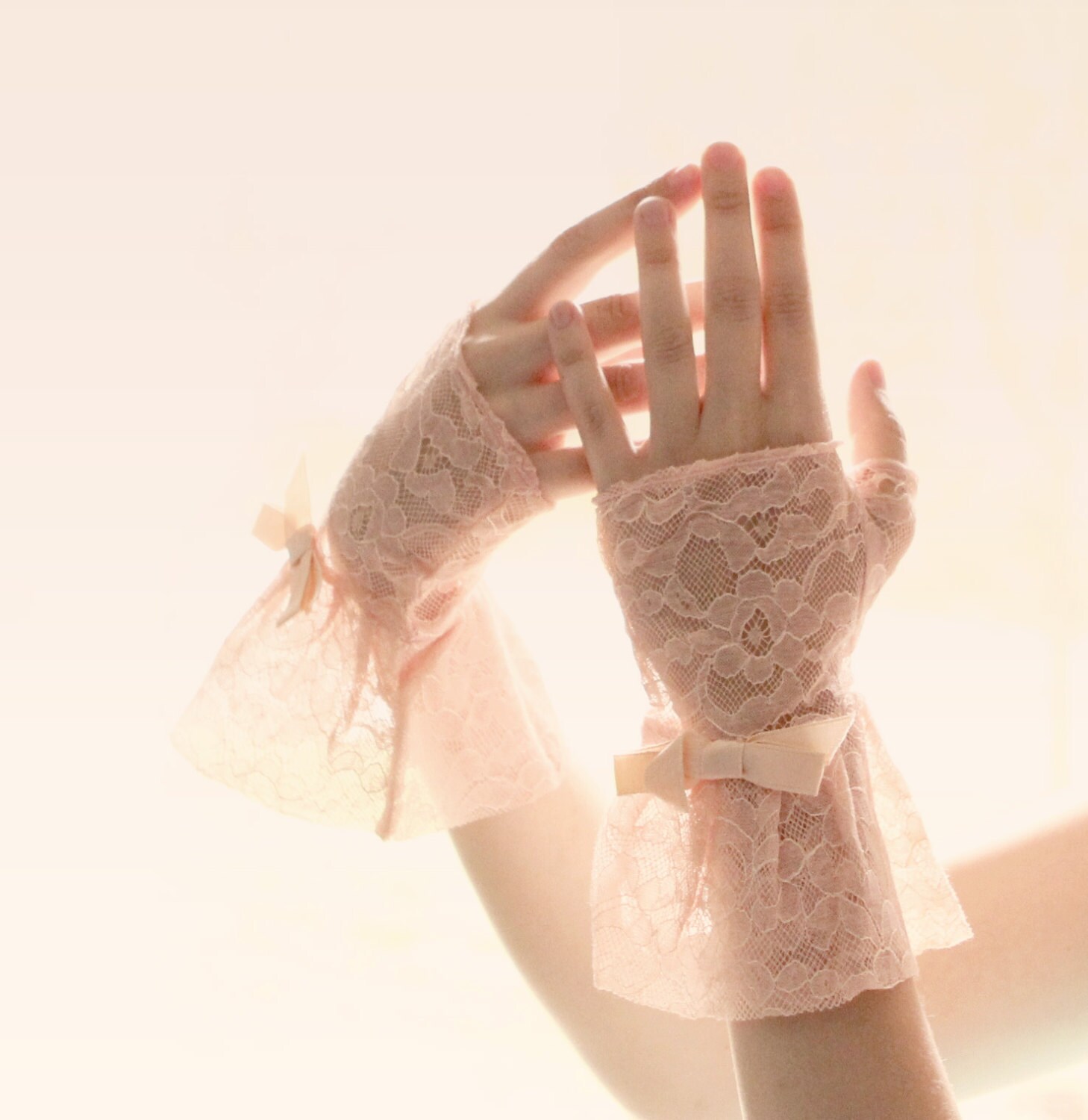 Pink lace vintage fingerless gloves with bows by whichgoose
