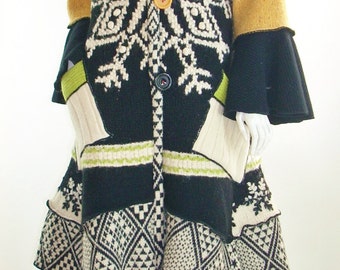 Sweater Coat, Upcycled Black & Yellow Sweater Coat, Large, (12-14-16) by Brenda Abdullah