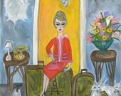 She always arrived with lots of baggage.  Limited edition print of an original oil painting by Vivienne Strauss.