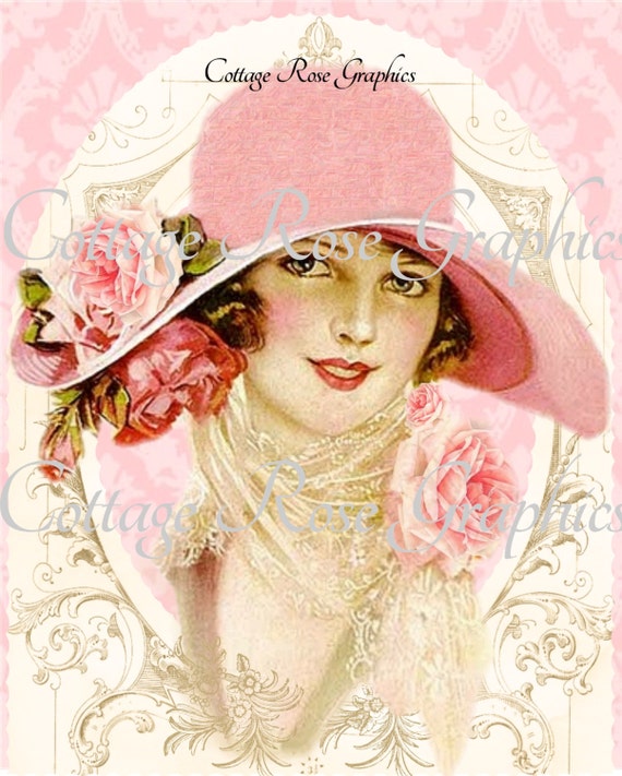 Vintage Pink hat Victorian lady Roses Large digital download  BUY 3 get one FREE ecs svfteam