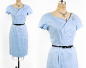 Vintage 50's Wiggle Dress // Light Blue Fitted Pencil Dress // Unique Neckline // sz M