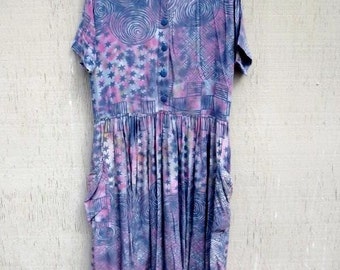 Vintage 1980s Rayon Maxi Dress Blue Lavender Pink Woodland Fairy Gypsy ...