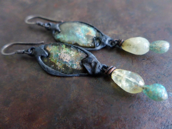 The Strange Pull. Rustic Victorian Cosmic Iridescent Earrings with Roman Glass, citrine, sterling.